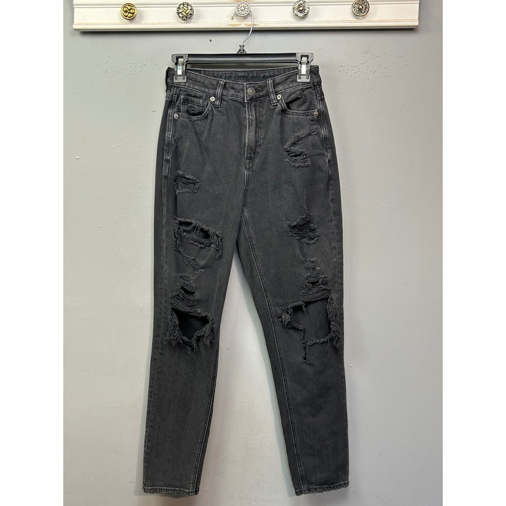 American Eagle Mom Jeans Womens 0 Black Distressed High Rise Comfort Waistband